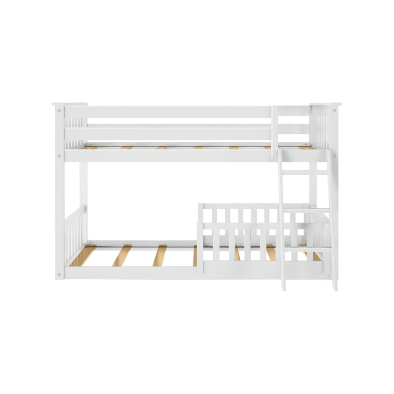 White wooden loft bunk bed with ladder and exposed slatted mattress supports, modern kids bedroom furniture