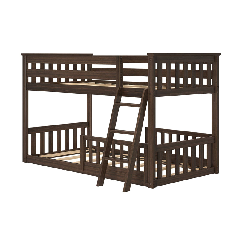 Dark brown wooden twin-over-full bunk bed frame with slatted guardrails and angled ladder, space-saving kids' bedroom furniture