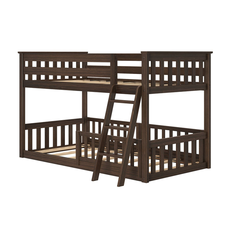 Dark espresso solid wood twin-over-twin bunk bed with angled ladder, slatted guardrails and slat support, space-saving children's bedroom furniture
