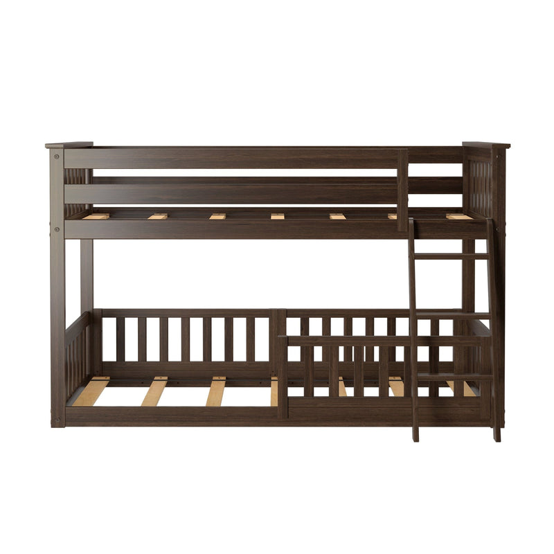 Dark brown solid wood twin-over-full bunk bed with integrated ladder, slatted guardrails and slat mattress support in mission-style design