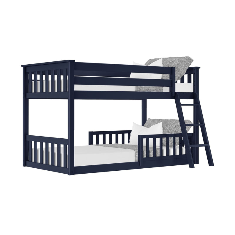 Navy blue solid wood twin-over-full bunk bed with ladder and slatted rails, gray and white bedding, space-saving kids bedroom furniture
