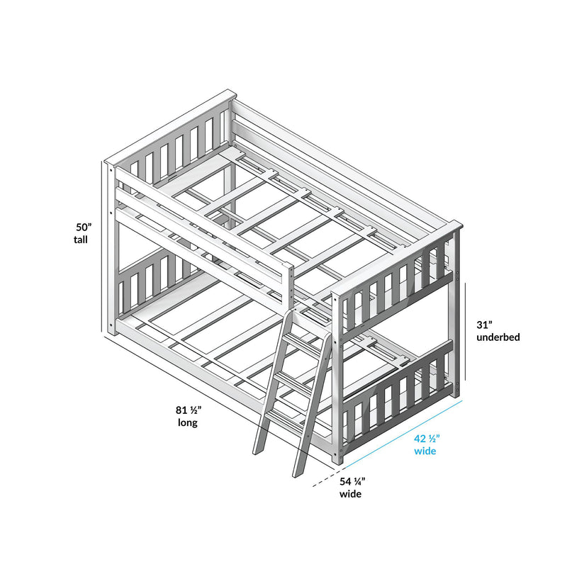 Assembly diagram of a wooden bunk bed frame with ladder, slatted guardrails and support slats showing dimensions 81½″ long, 42½″ wide, 50″ tall and 31″ underbed clearance.