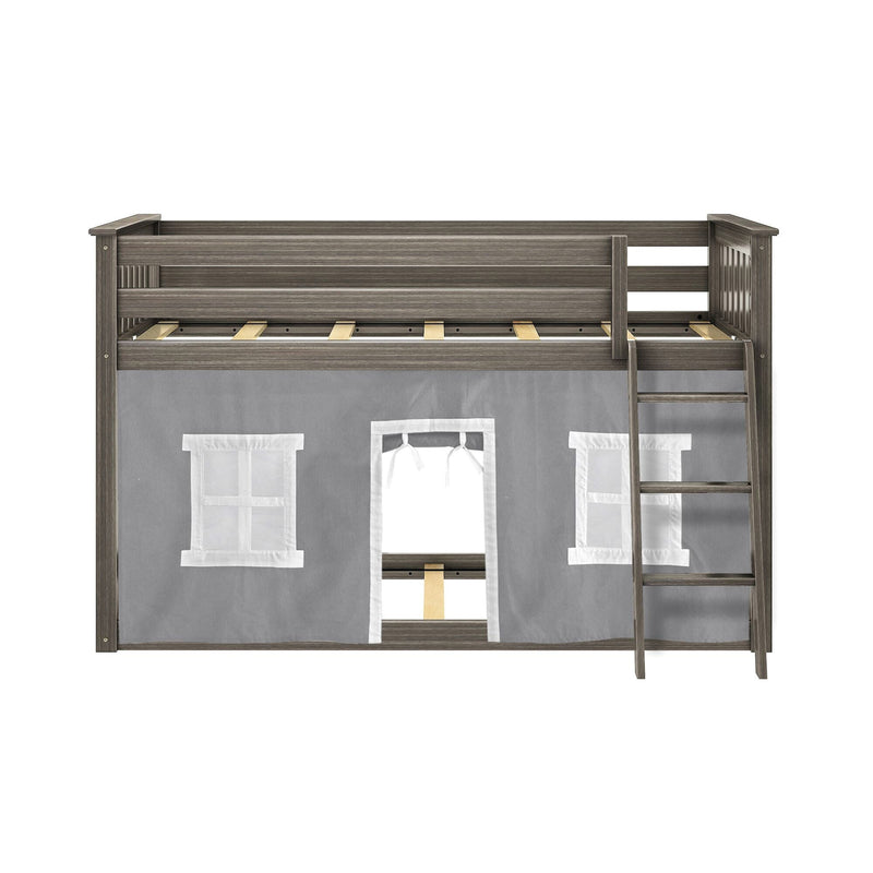 Gray wooden children's loft bed with ladder and play-tent curtains featuring window panels and a doorway, space-saving kids bedroom furniture