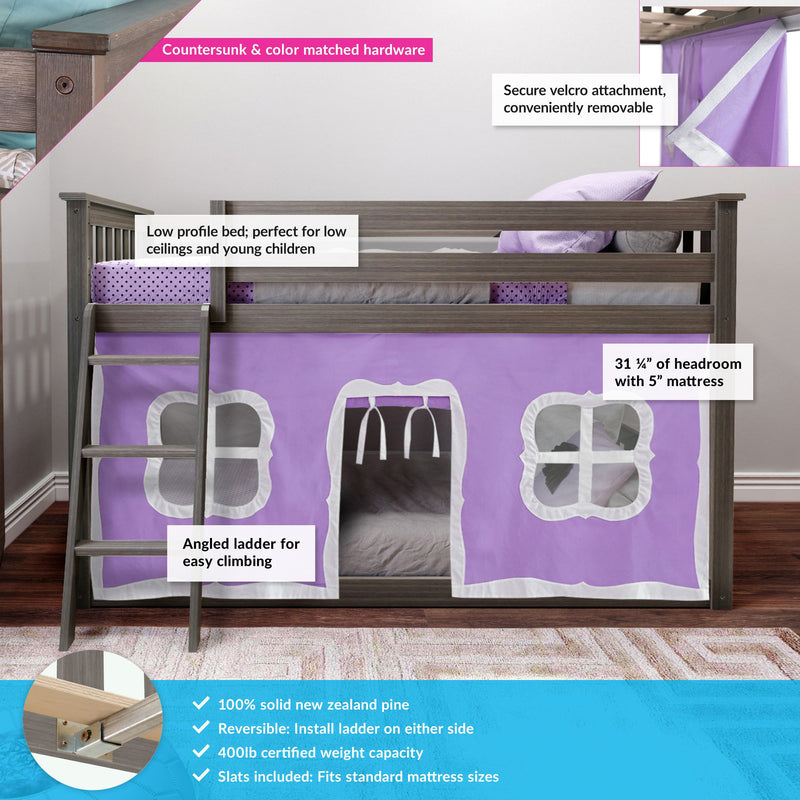 Low-profile solid pine kids loft bed with angled ladder and purple play-tent curtains, reversible ladder option and 400lb weight capacity