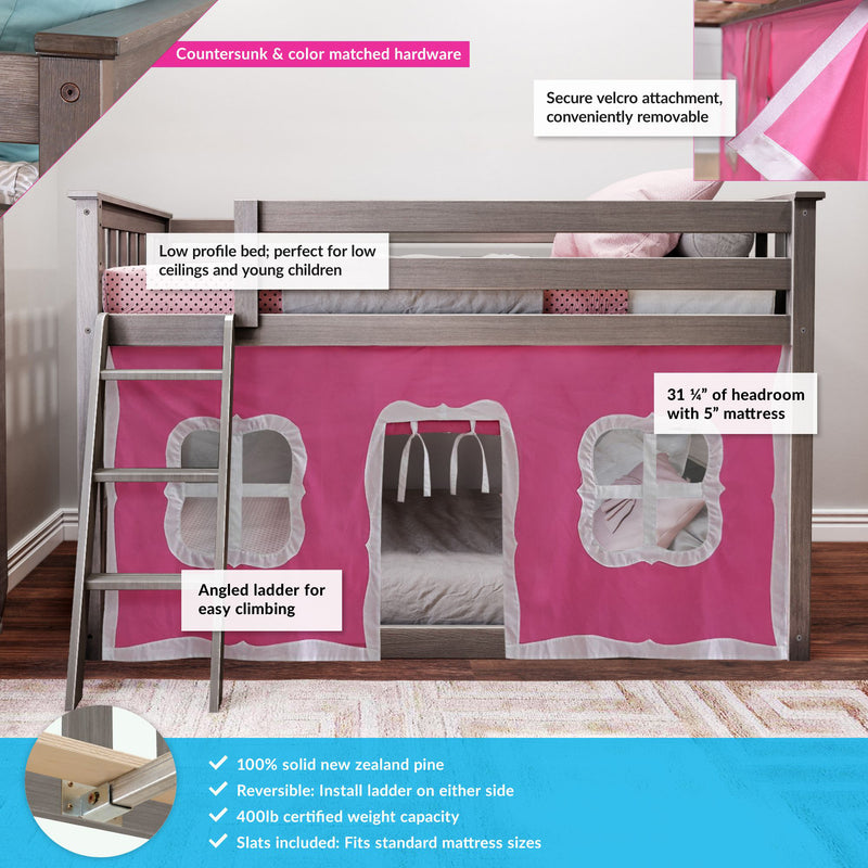 Low-profile grey wooden kids loft bed with angled ladder and pink under-bed playhouse tent, removable Velcro panels and countersunk hardware