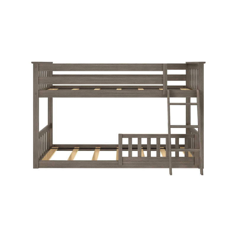 Gray wood twin-over-twin bunk bed with side ladder and slatted guardrails, modern space-saving design ideal for kids' bedroom