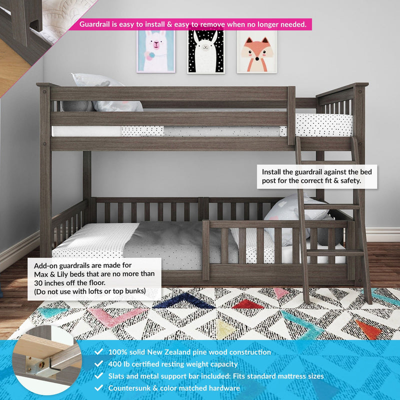 Gray twin bunk bed with ladder and safety guardrail, solid New Zealand pine construction, space-saving kids bedroom furniture