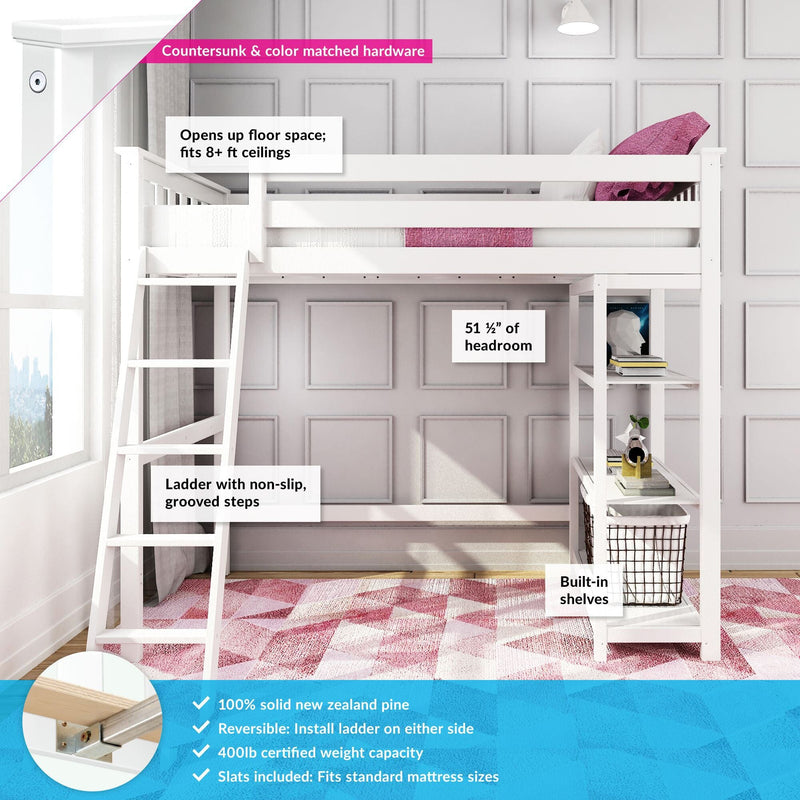 White solid pine loft bed with ladder and built-in shelves in a child's bedroom, pink pillows and rug, saves floor space, fits 8+ ft ceilings with 51.5 in headroom, non-slip ladder and color-matched hardware