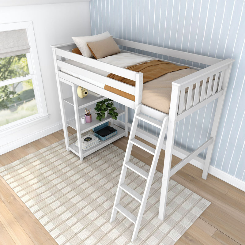 White wooden loft bed with ladder, beige bedding and built-in storage shelves in a bright kids' bedroom with blue striped wall