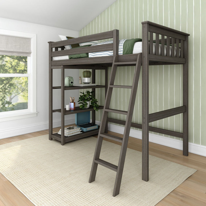 Dark gray wooden loft bed with ladder and open shelving in modern kids' bedroom with green vertical-striped accent wall and window