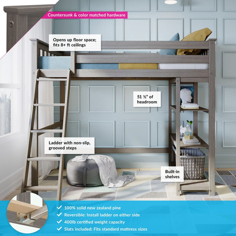 Grey solid pine loft bed with ladder and built-in shelves, reversible ladder option, 400 lb certified weight capacity, fits 8+ ft ceilings