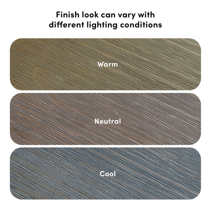 Three wood grain finish samples labeled "Warm", "Neutral", and "Cool" showing how a wood finish's color and texture vary under different lighting conditions
