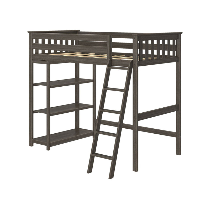 Dark gray wooden loft bed frame with ladder and built-in shelves, space-saving twin bed for kids and teens