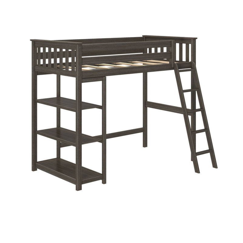 Dark gray wood twin loft bed with ladder and open shelving, space-saving kids' bed frame for small bedrooms