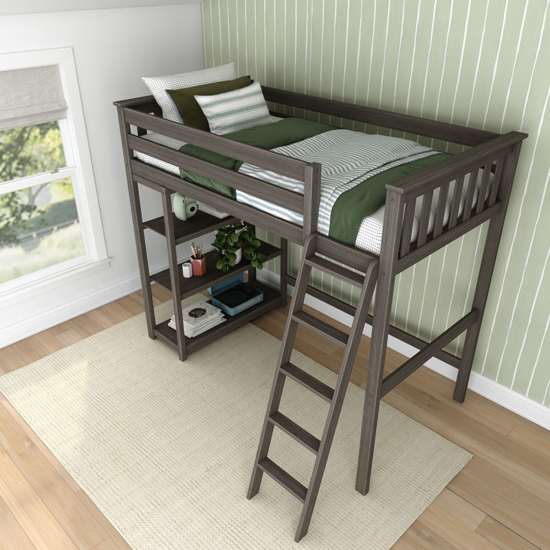 Gray wooden loft bed with ladder, green striped bedding and built-in shelves in a modern kids' bedroom beside a window
