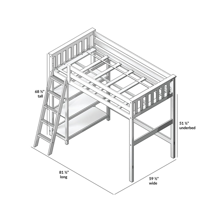Isometric diagram of a wooden loft bed frame with ladder, guardrails, open slat mattress support and underbed space, labeled dimensions 81½″ long × 59½″ wide × 68½″ tall