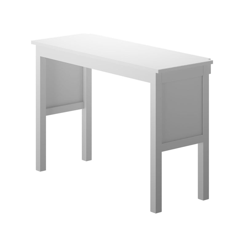 White narrow wooden writing desk with paneled sides and four square legs, minimalist console table for small home office or entryway