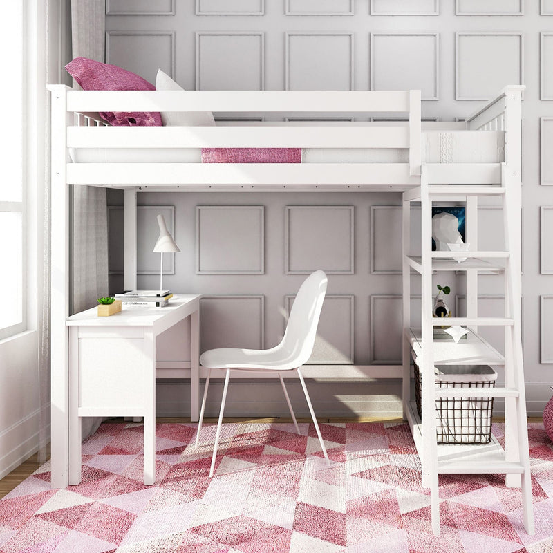 White loft bed with ladder and built-in desk, modern space-saving kids' bedroom with white chair, pink geometric rug, pink pillows, paneled gray wall and natural light