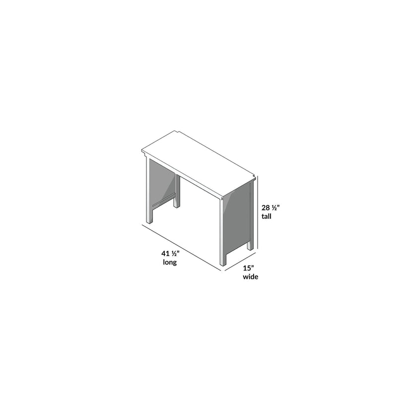 Isometric drawing of a narrow console table/desk with dimensions 41.5 in long x 15 in wide x 28.5 in tall, minimalist design for entryway or small-space office