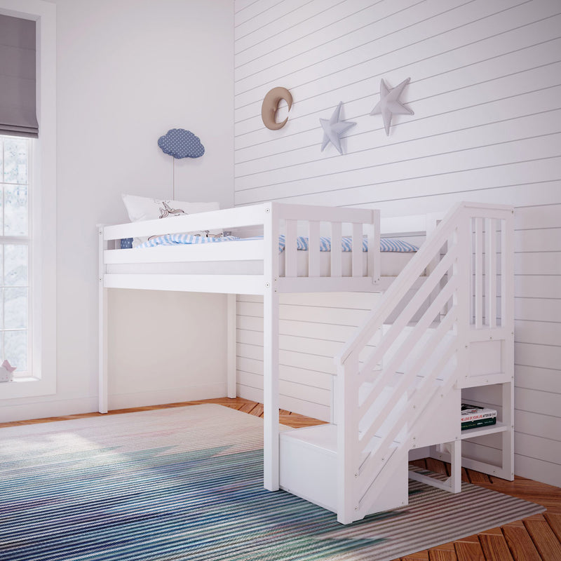 White wooden loft bunk bed with staircase in bright kids' nursery, moon and star wall décor, cloud lamp and blue striped rug