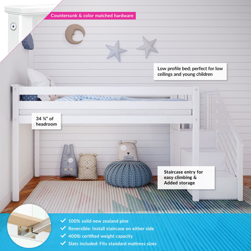 White low-profile kids loft bed made from solid New Zealand pine with staircase and built-in storage, safety rails and countersunk hardware, styled with moon-and-star wall decor and blue knit pouf