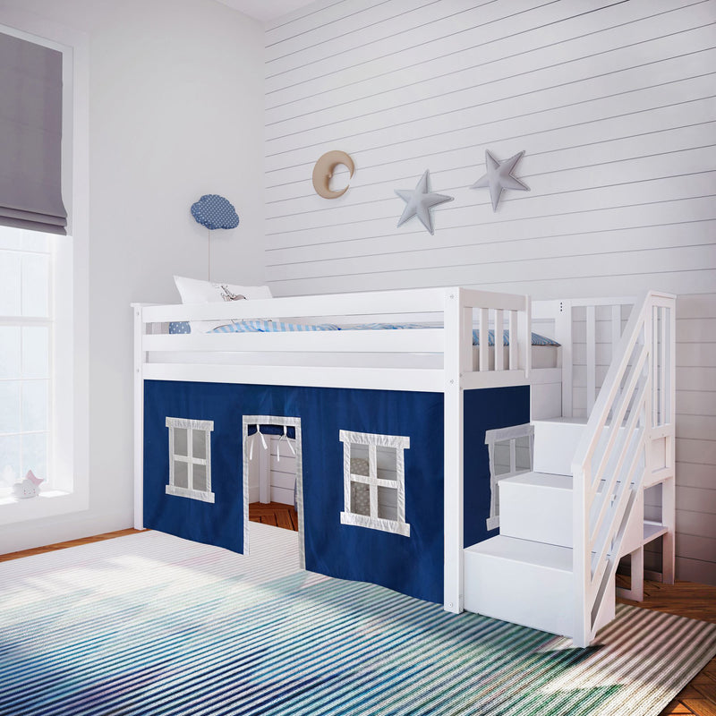 Twin-Size Low Loft with Stairs + Curtain