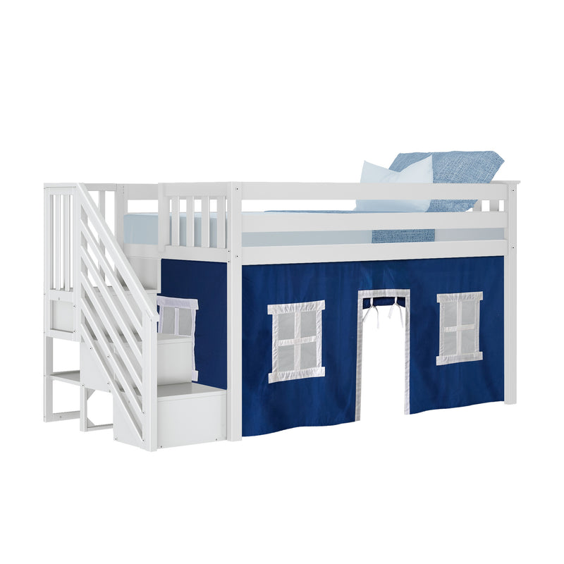 White wooden loft bed with stairs, navy playhouse curtain below and light blue bedding and pillows