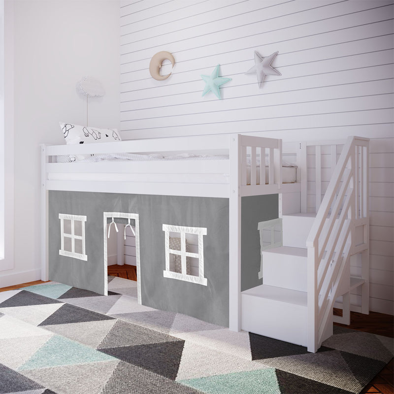 Children's white loft bed with playhouse curtain and stairs, white wooden frame, pastel star and moon wall decor, gray and teal geometric rug in modern nursery