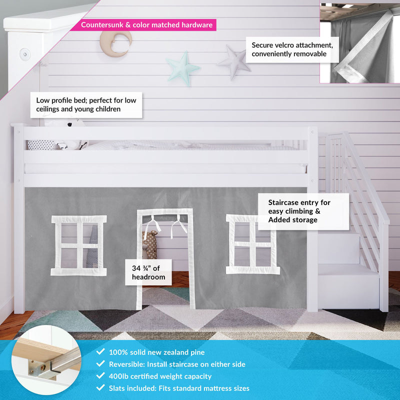 White low-profile kids loft bed with staircase entry, playhouse curtain and added storage, secure Velcro attachment, countersunk hardware, 34 3/4" headroom, 100% solid New Zealand pine