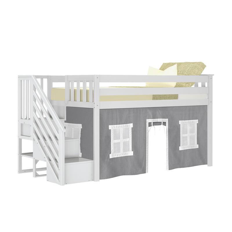 White wooden kids loft bed with staircase and gray playhouse curtains underneath, yellow mattress and pillows, space-saving children's bedroom furniture