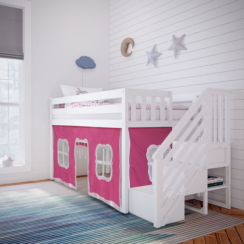 White wooden loft bunk bed with stairs and pink playhouse curtains in a bright kids' bedroom with striped rug, moon-and-star wall decor and gray Roman shade