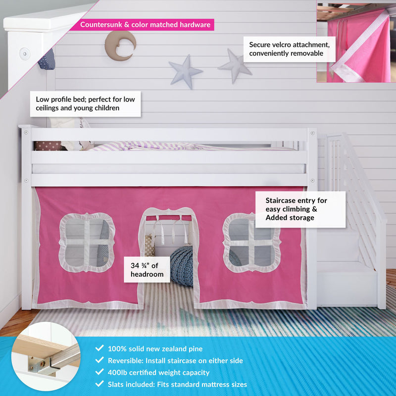 White low-profile toddler loft bed with built-in staircase, safety guardrails and pink playhouse curtain creating an under-bed play area — ideal kids bed for small bedrooms