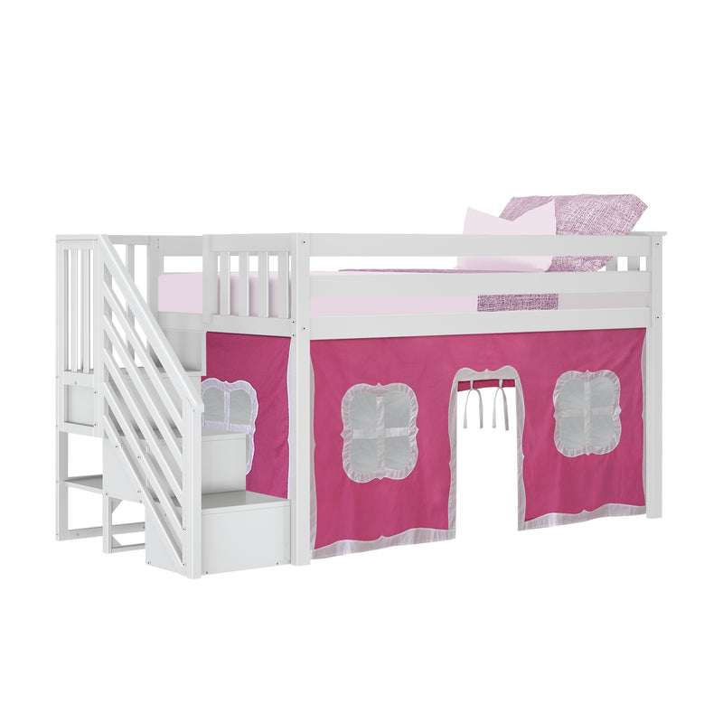 White wooden loft bed with staircase, pink playhouse curtains and pink bedding for kids bedroom
