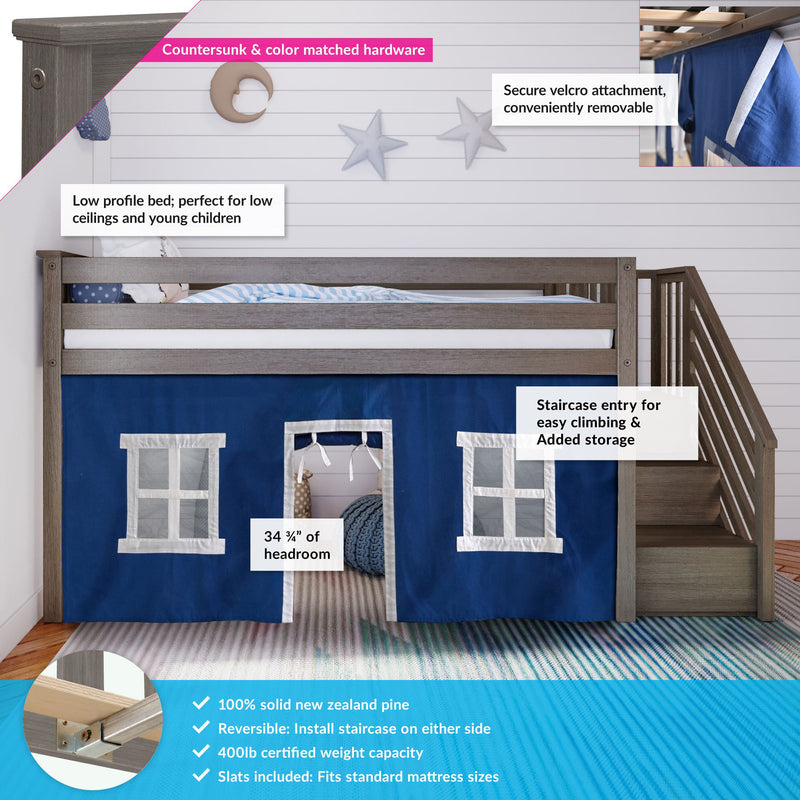 Low-profile kids loft bed in grey-stained solid New Zealand pine with staircase entry, navy blue playhouse curtain under-bed fort, countersunk color-matched hardware and secure Velcro attachments.