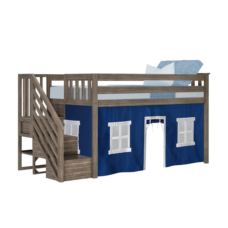 Kids twin loft bed with stairs and navy play-tent skirt, rustic gray wood frame with light blue mattress and pillows — space-saving children's loft bed for bedroom