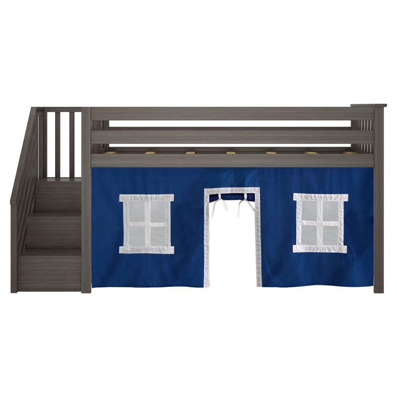 Gray wooden loft bed with built-in stairs and guardrails, blue play-tent curtain with window panels, children's bunk bed frame with slatted mattress support
