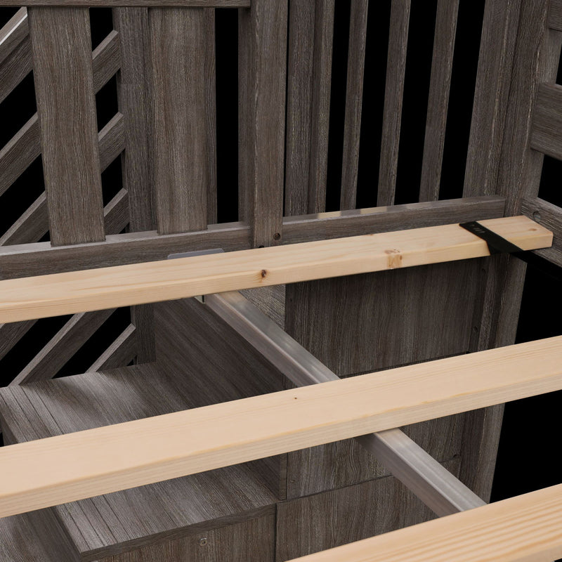 Close-up of weathered gray wooden fence slats with light pine crossbeams and metal support bracket — rustic outdoor fence texture and installation detail