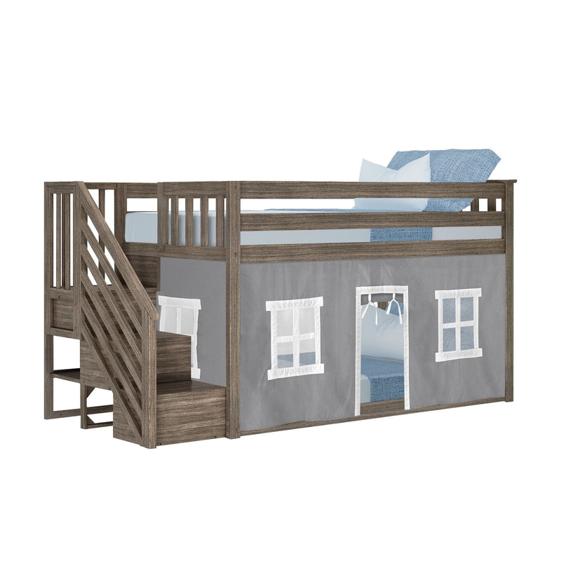 Gray wood twin loft bed with staircase and storage steps, safety rails and gray playhouse tent cover for kids' bedroom