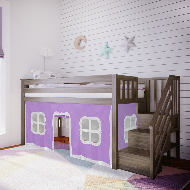 Wooden kids loft bed with stairs and purple under-bed play tent, pastel geometric rug, shiplap wall and star-and-moon nursery decor in a bright children's bedroom