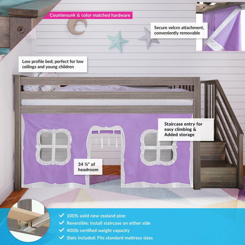 Low-profile gray wood kids loft bed with purple playhouse curtain and staircase entry, solid New Zealand pine, reversible stairs and 400 lb capacity