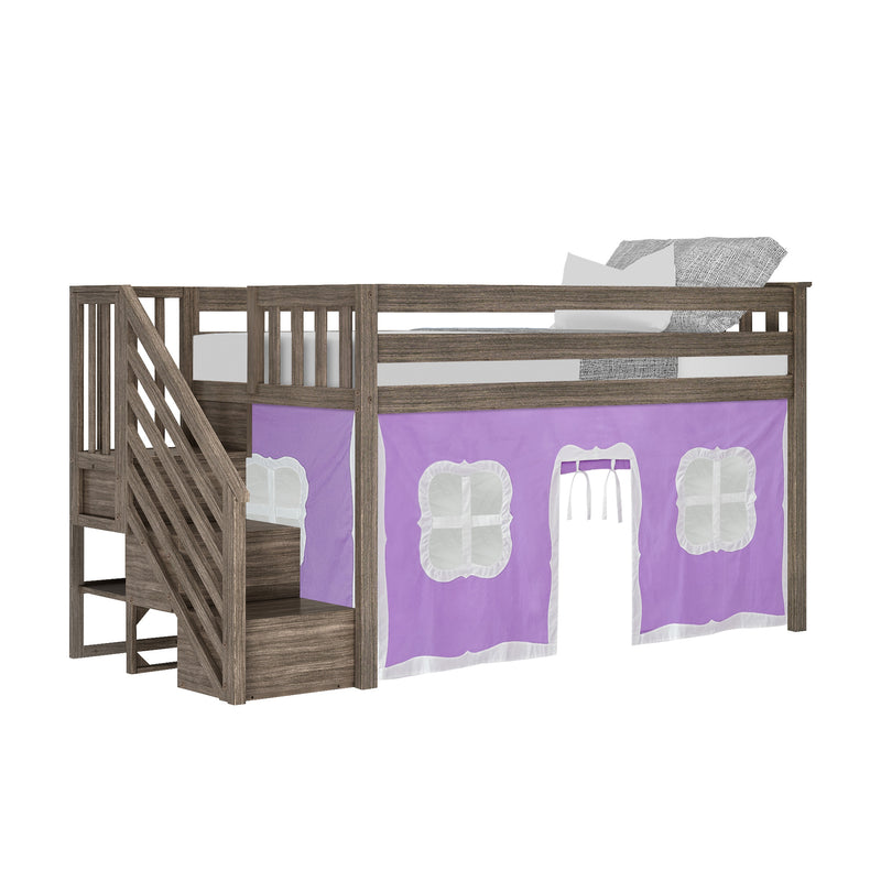 Kids twin loft bed with stairs and safety guardrail, weathered brown wood frame with mattress and gray pillows and purple playhouse curtains covering under-bed play area