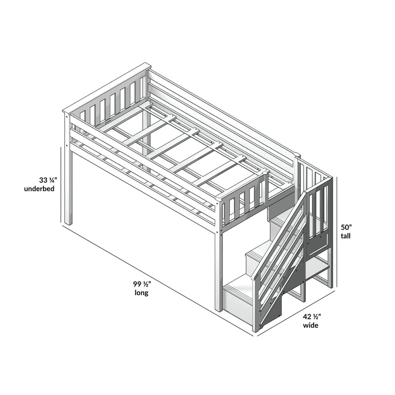 Twin-Size Low Loft with Stairs + Curtain