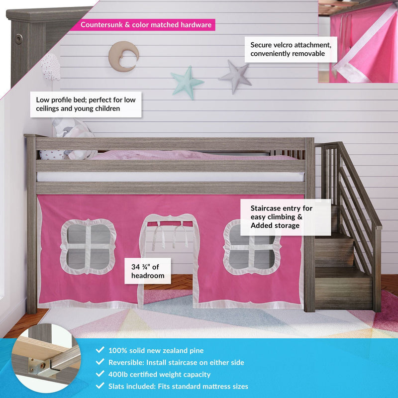 Low-profile kids loft bed with staircase entry and pink playhouse curtain, 100% New Zealand pine, 34 3/4″ headroom, 400 lb capacity, reversible stairs