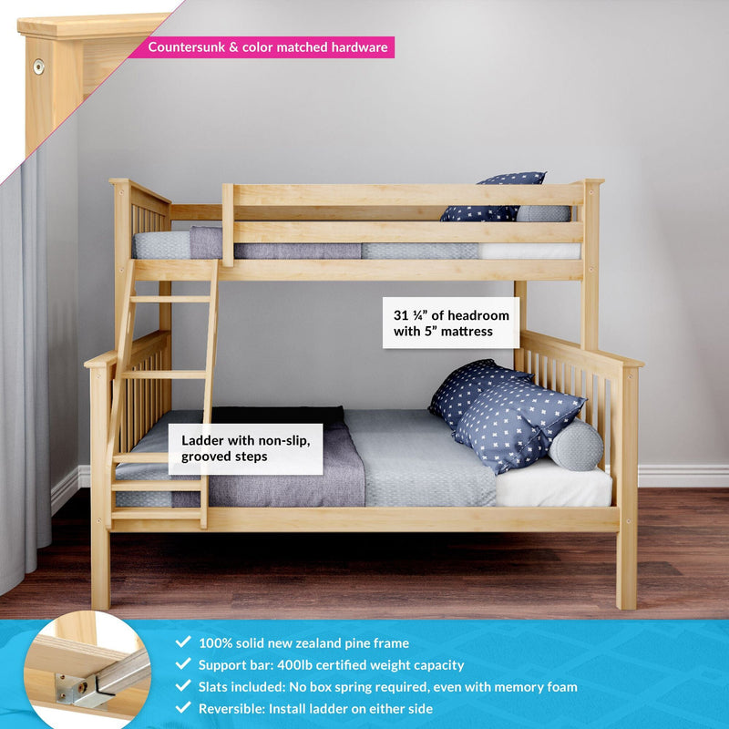 Solid New Zealand pine twin-over-twin bunk bed with ladder and safety rails, non-slip grooved steps, natural wood finish and blue patterned bedding