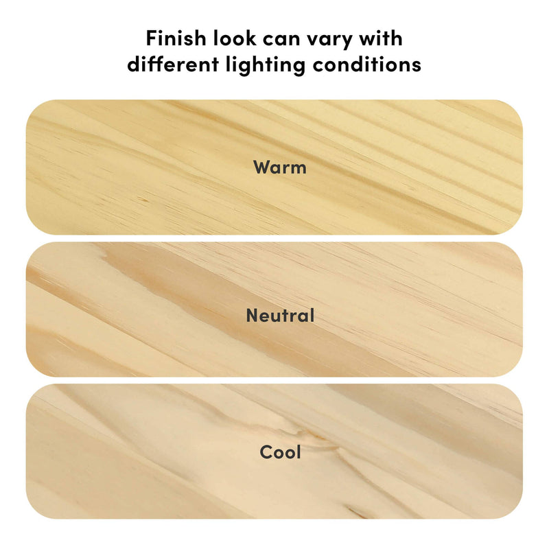 Light wood finish samples showing warm, neutral, and cool lighting variations with visible grain and texture to illustrate how finish color changes under different lighting conditions