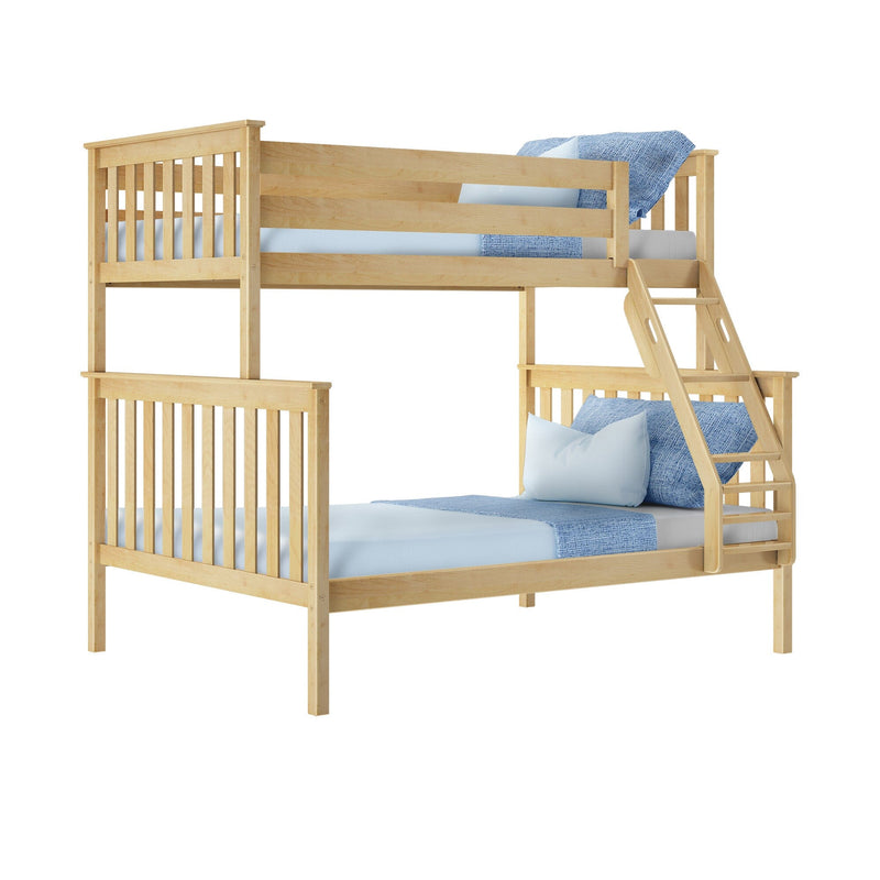 Light natural wood twin-over-twin bunk bed with built-in ladder, slatted rails and blue bedding — space-saving kids' bedroom furniture