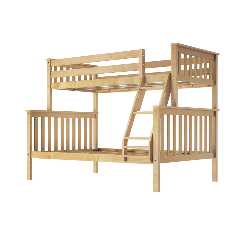 Light natural wood twin loft bunk bed frame with ladder and slatted guardrails for children's bedroom