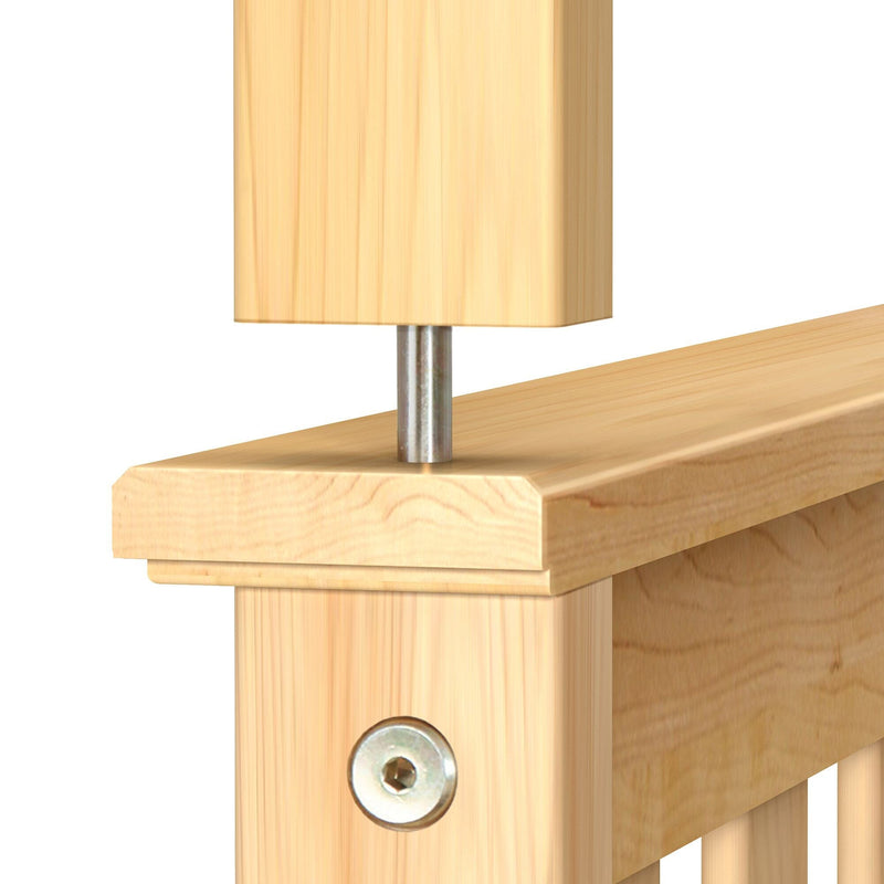 Close-up of light natural pine bed frame post with visible metal bolt and cylindrical support rod, wood grain headboard detail