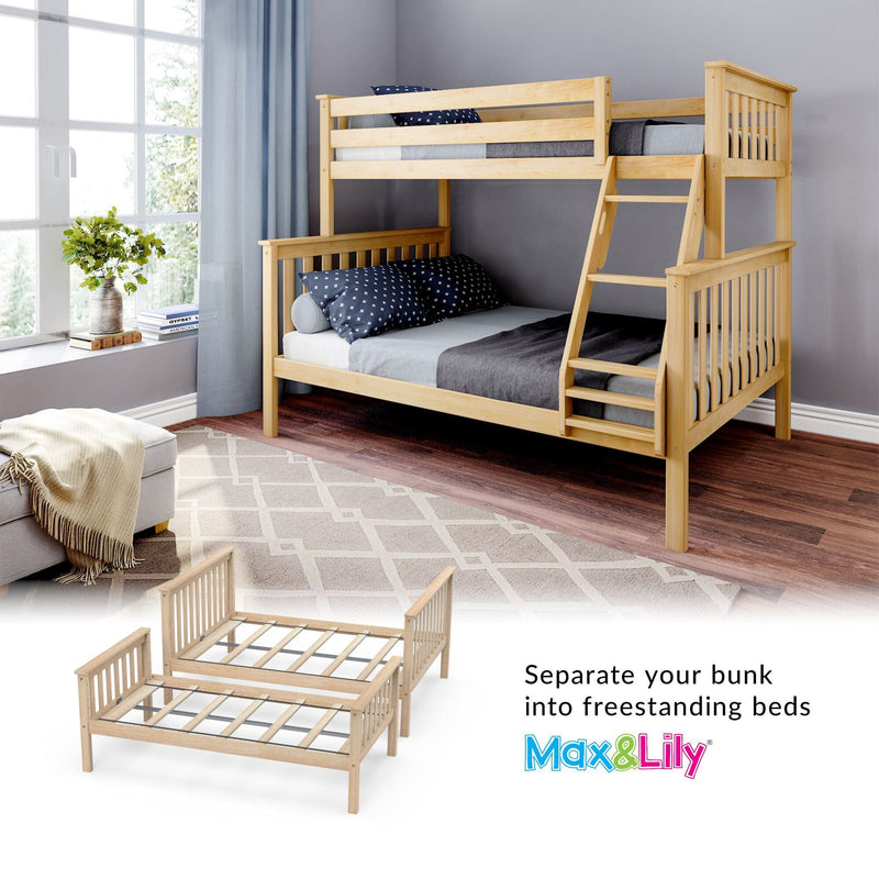 Max & Lily convertible natural wood twin-over-full bunk bed in kids' bedroom with ladder, navy pillows, window and plant