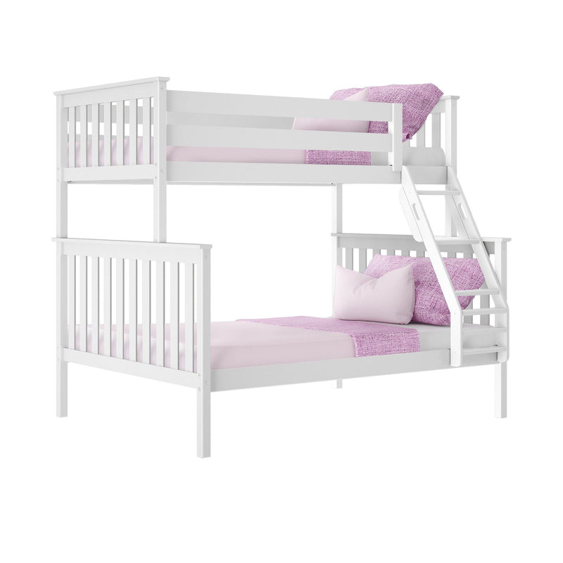 White wooden twin-over-twin bunk bed with ladder, pink sheets, pillows and throw, space-saving kids' bedroom furniture